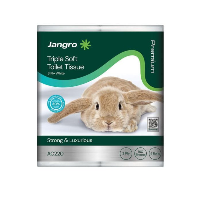 Jangro Premium Triple Soft Toilet Tissue packaging featuring a rabbit image and product details.