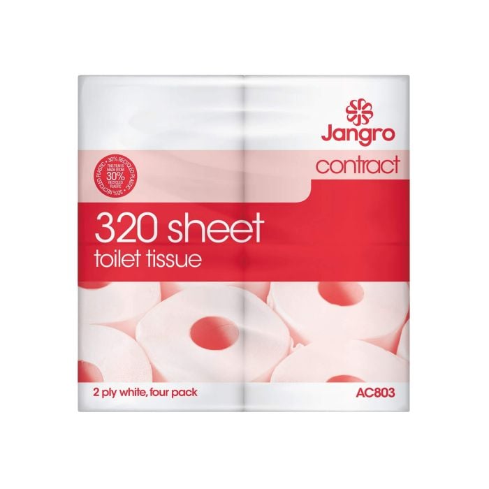 Jangro Contract Toilet Tissue – 2 ply, 320 sheets per roll, four pack.
