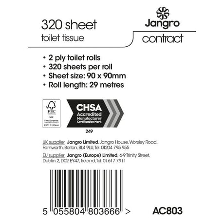 Jangro Contract Toilet Roll – product details and specifications label.