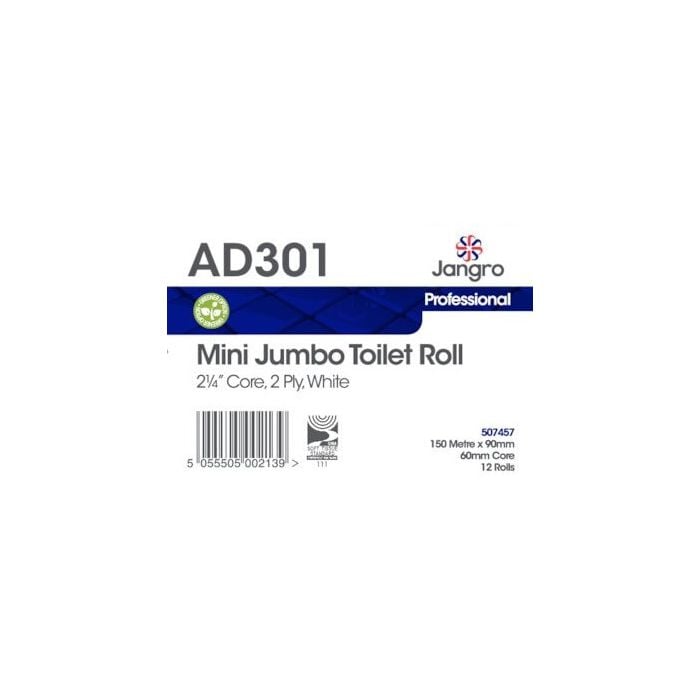 Jangro Professional Mini Jumbo Toilet Roll packaging – 2 Ply, 150m, 12 rolls.