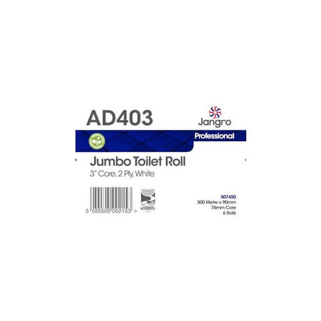 Jangro Professional Jumbo Toilet Roll packaging – 2 Ply, 300m, 6 rolls.