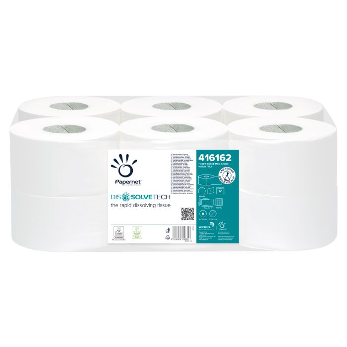 Dissolve Tech Mini Jumbo Toilet Roll 1 Ply – packaging with product details and barcode.