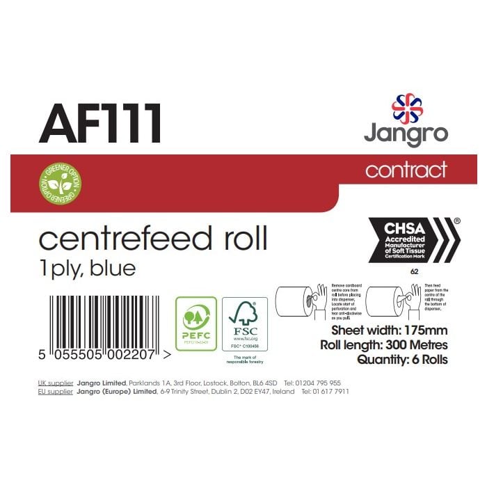 Jangro Centrefeed Roll 300M Blue 1 Ply – product packaging with specifications and barcode.