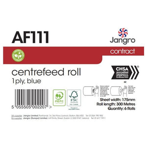 Jangro Centrefeed Roll 300M Blue 1 Ply – product packaging with specifications and barcode.