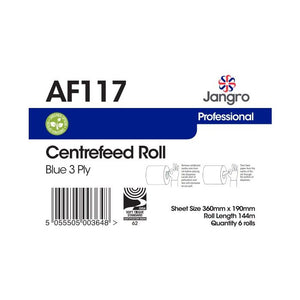 Jangro Centrefeed Roll 150M Blue 3 Ply – packaging with product details and barcode.