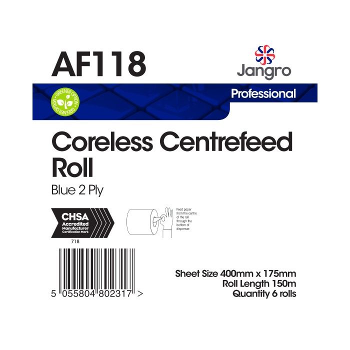 Jangro Coreless Centrefeed Roll 150m Blue 2 Ply – product packaging with specifications.