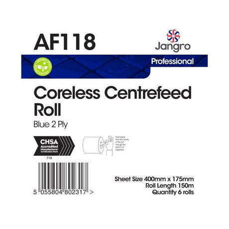 Jangro Coreless Centrefeed Roll 150m Blue 2 Ply – product packaging with specifications.