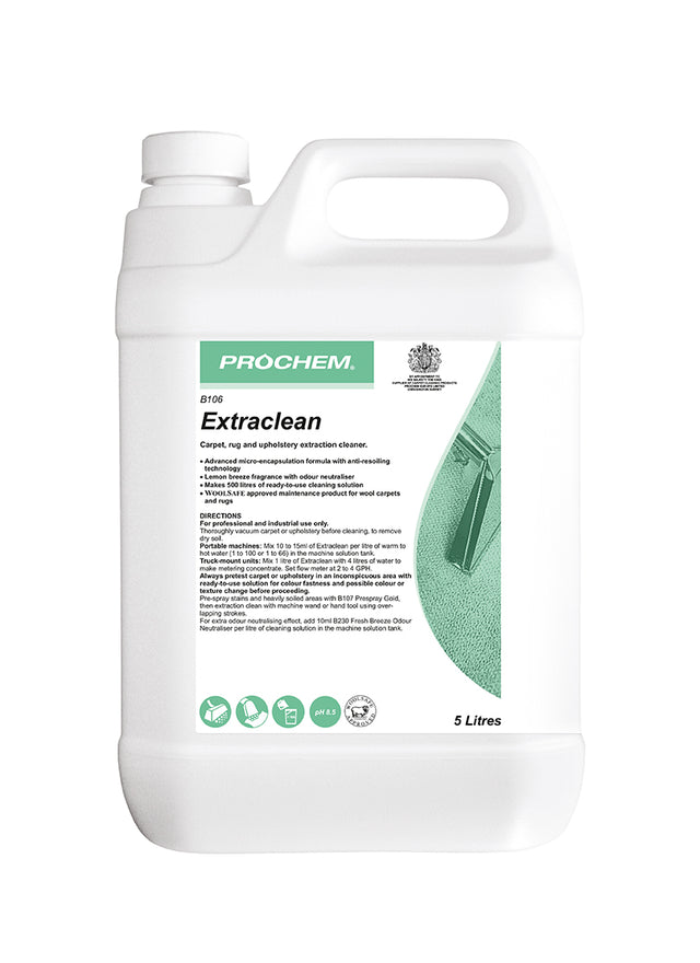 Prochem Extraclean 5L - Carpet extraction detergent with usage instructions and product details.