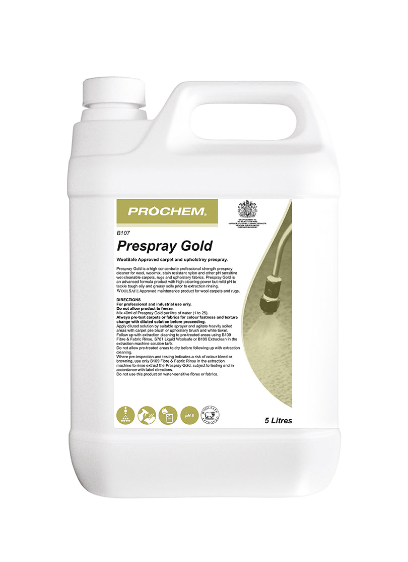 Prochem Prespray Gold 5L – high-concentrate carpet pre-spray with usage instructions.