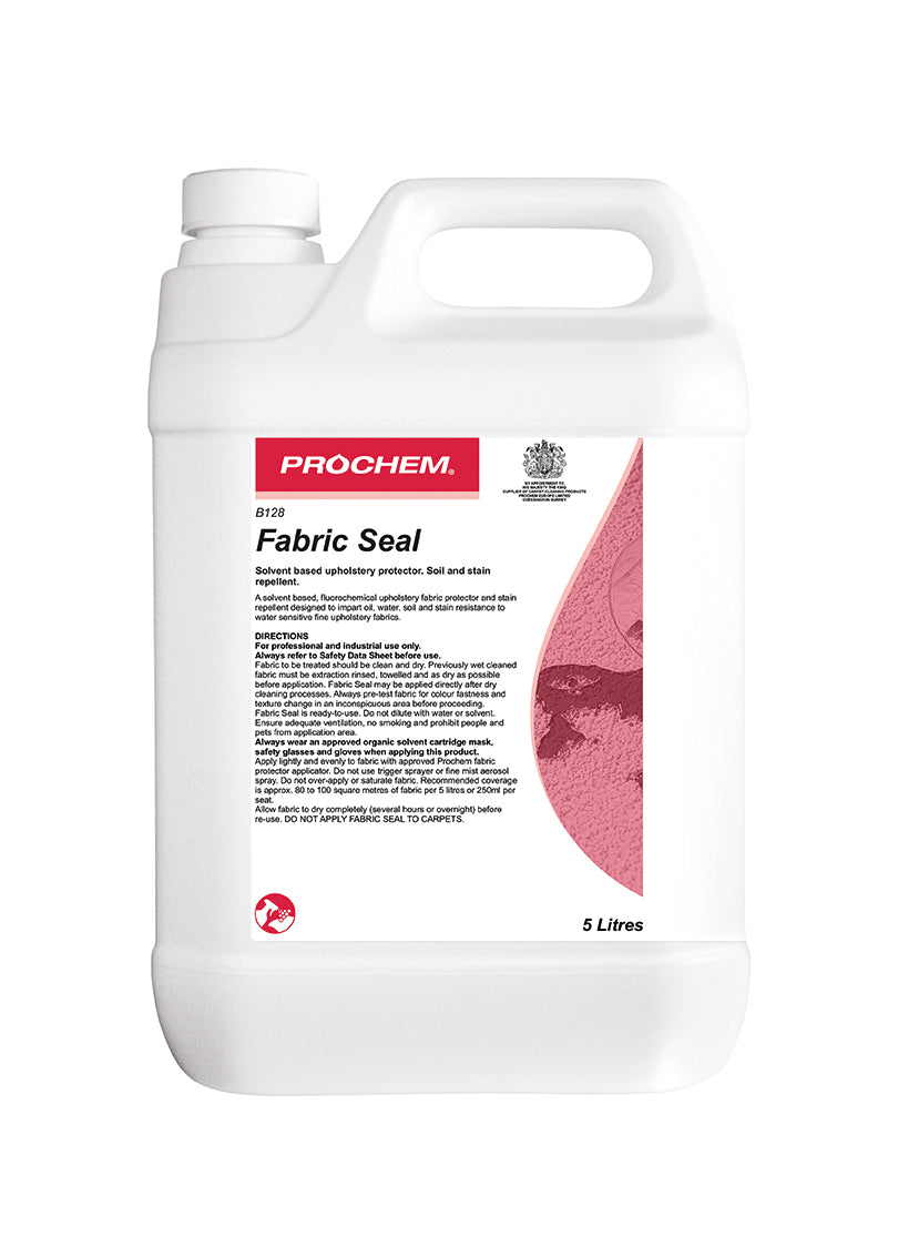 Prochem Fabric Seal 5L – upholstery protector with usage instructions and safety information.