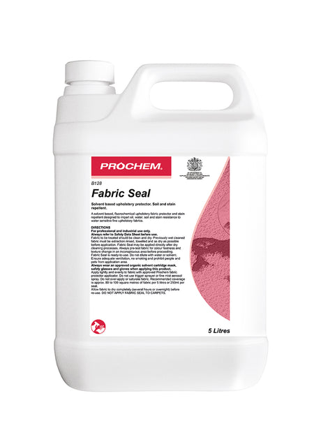 Prochem Fabric Seal 5L – upholstery protector with usage instructions and safety information.
