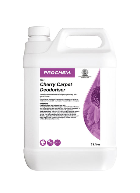 Prochem Cherry Carpet Deodoriser 5L – product packaging with usage instructions and details.