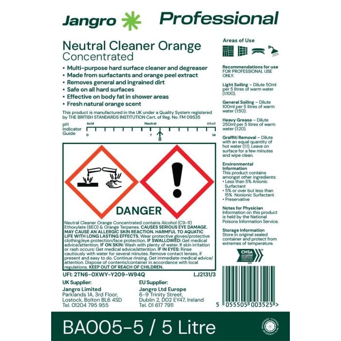 Jangro Neutral Orange Cleaner 5L - Multi-Surface Degreaser | BA005-5