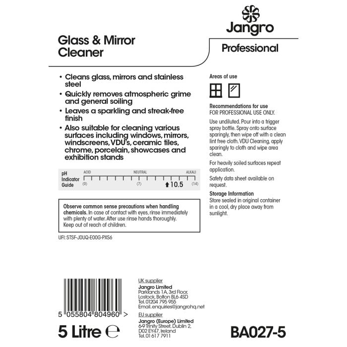 Jangro Glass & Mirror Cleaner 5L - Streak-Free Finish for Glass & Stainless Steel | BA027-5