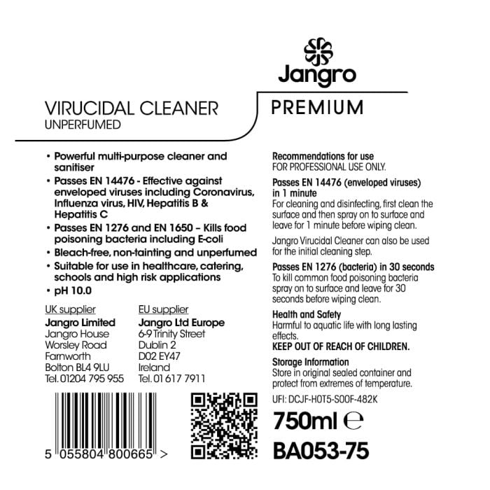 Jangro Unperfumed Virucidal Cleaner 750ml - Bleach-Free Surface Sanitiser | BA053-75