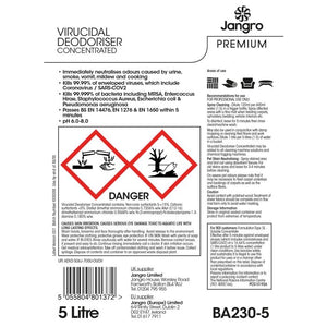 Jangro Premium Virucidal Deodoriser 5L – safety and usage information label.