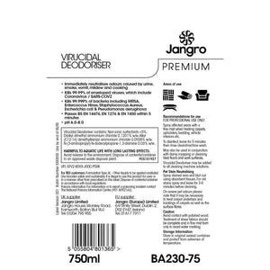 Jangro Premium Virucidal Deodoriser 750ml – product label with usage instructions and ingredients.