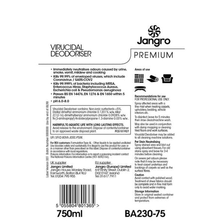Jangro Premium Virucidal Deodoriser 750ml – product label with usage instructions and ingredients.