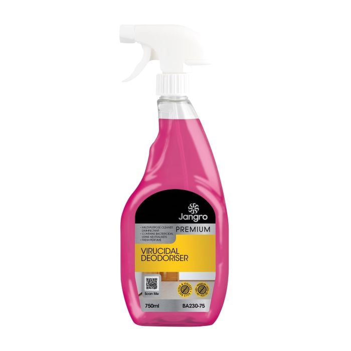 Jangro Premium Virucidal Deodoriser 750ml – concentrated disinfectant cleaner in a pink spray bottle.