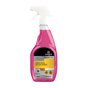 Jangro Premium Virucidal Deodoriser 750ml – concentrated disinfectant cleaner in a pink spray bottle.