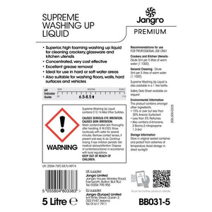 Jangro Premium Supreme Washing Up Liquid 5L - BB031-5 | High Foaming & Grease Removal