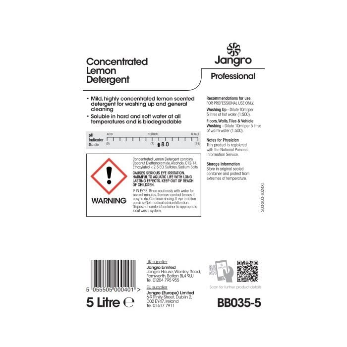 Jangro 20% Concentrated Lemon Detergent 5L- BB035-5 | Manual Dishwashing & Surface Cleaner