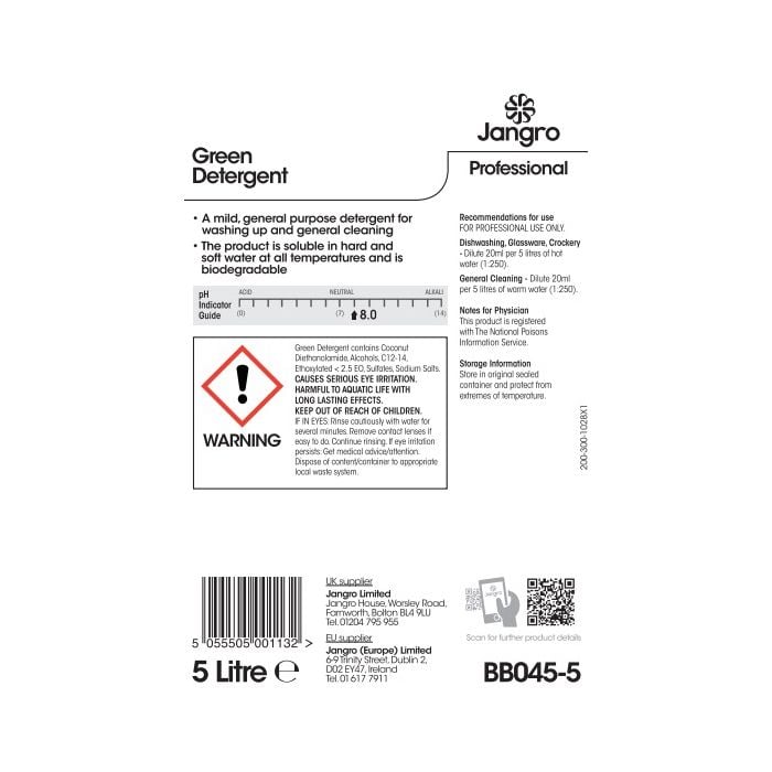 Jangro 10% Green Detergent 5L - BB045-5 | Manual Dishwashing & Surface Cleaner