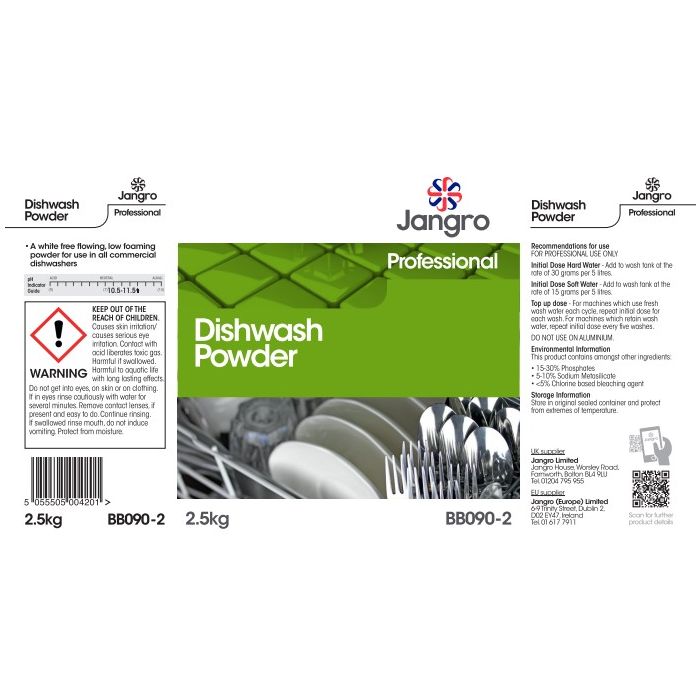 Jangro Dishwash Powder 2.5kg | BB090-2 | Commercial Dishwasher Detergent