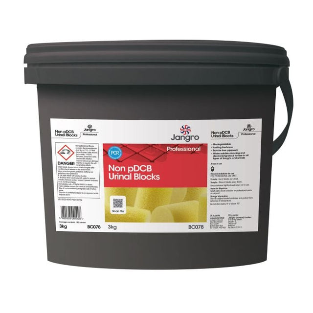 Jangro Non PDCB Urinal Blocks 3kg – product packaging with usage and safety information.