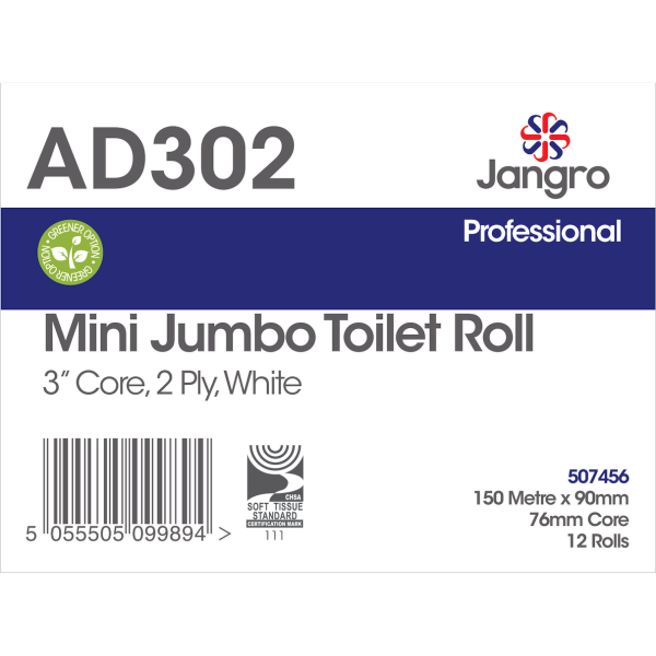 Jangro Professional Mini Jumbo Toilet Roll 12 x 150M x 90mm, 3" core, 2 ply  AD302 - J27150JA