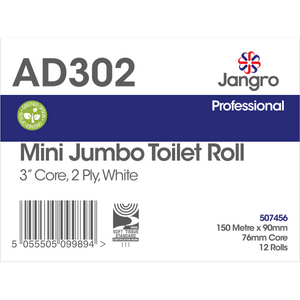 Jangro Professional Mini Jumbo Toilet Roll packaging – 2 Ply, 150m, 12 rolls.