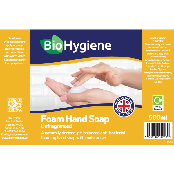 BioHygiene Unfragranced Foaming Hand Soap 500ml | Gentle, Eco-Friendly Hand Wash