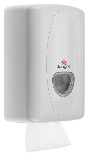 Jangro Bulk Pack Dispenser – white plastic tissue dispenser with a visible tissue roll.