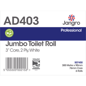 Jangro Professional Jumbo Toilet Roll packaging – 2 Ply, 300m, 6 rolls.