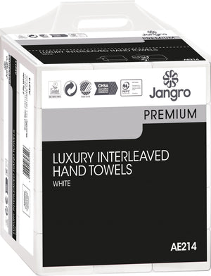 Jangro Premium Luxury 2-ply white interleaved hand towels packaging, 2400 count, case AE214.