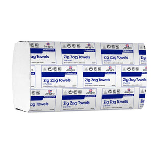 Jangro Professional ZZ 2-ply white hand towels packaging, 4000 towels per case.