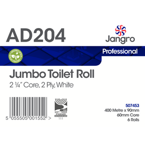 Jangro Jumbo Toilet Roll packaging – 2 Ply, 400m, 6 rolls, white.