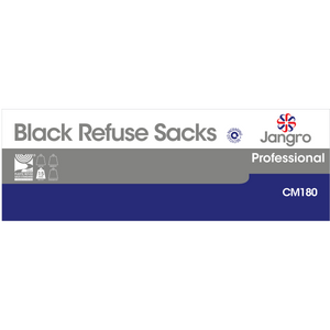 Black refuse sacks packaging for Jangro, featuring product details and specifications.