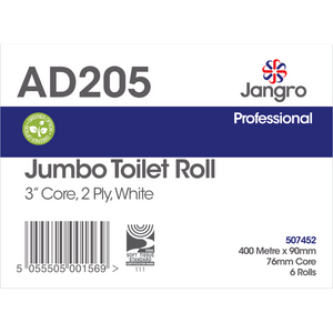 Jangro Jumbo Toilet Roll packaging – 2 Ply, 400 Metres, 6 Rolls.