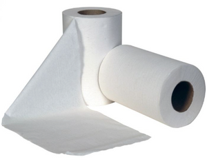 Jangro Mini Centrefeed Roll 120m 1ply White – two rolls with one partially unrolled.