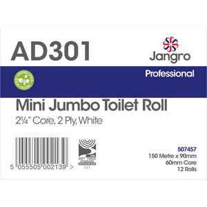 Jangro Professional Mini Jumbo Toilet Roll – 2 Ply, 150m, 12 rolls per pack.