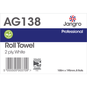 Jangro Roll Towel – 2 ply, white, 100m x 195mm, 8 rolls packaging.