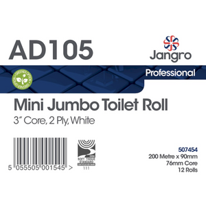 Jangro Mini Jumbo Toilet Roll packaging – 200m, 2 ply, 3" core, 12 rolls.