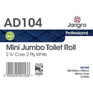 Jangro Mini Jumbo Toilet Roll packaging – 2 Ply, 200 Metres, 12 Rolls.