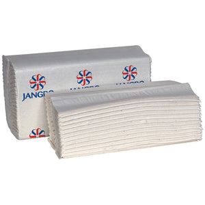 Jangro White 2ply C-Fold paper towels in packaging.