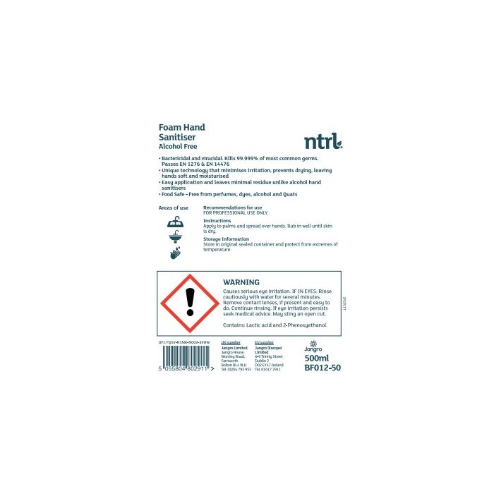 Jangro NTRL Foam Hand Sanitiser Alcohol Free 500ml - BF012-50 | Eco-Friendly & Skin Safe