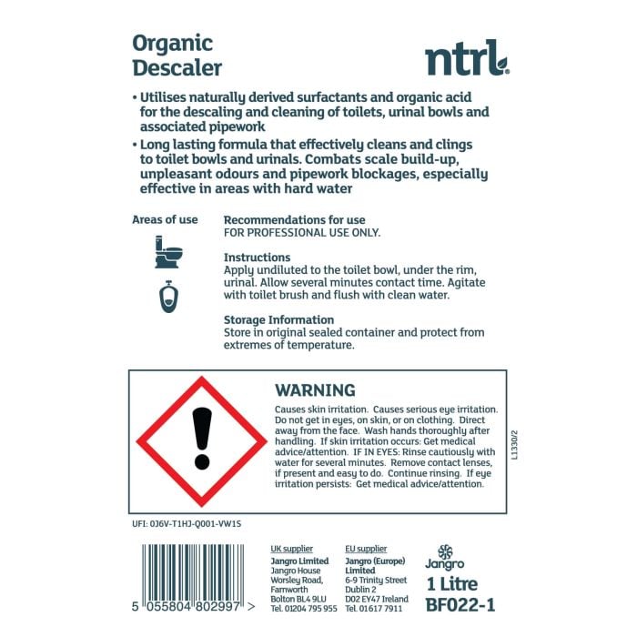 Jangro NTRL Organic Descaler 1L - BF022-1 | Eco-Friendly Limescale Remover