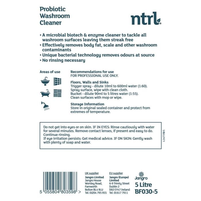 Jangro NTRL Probiotic Washroom Cleaner 5L | Eco-Friendly & Powerful BF022-5