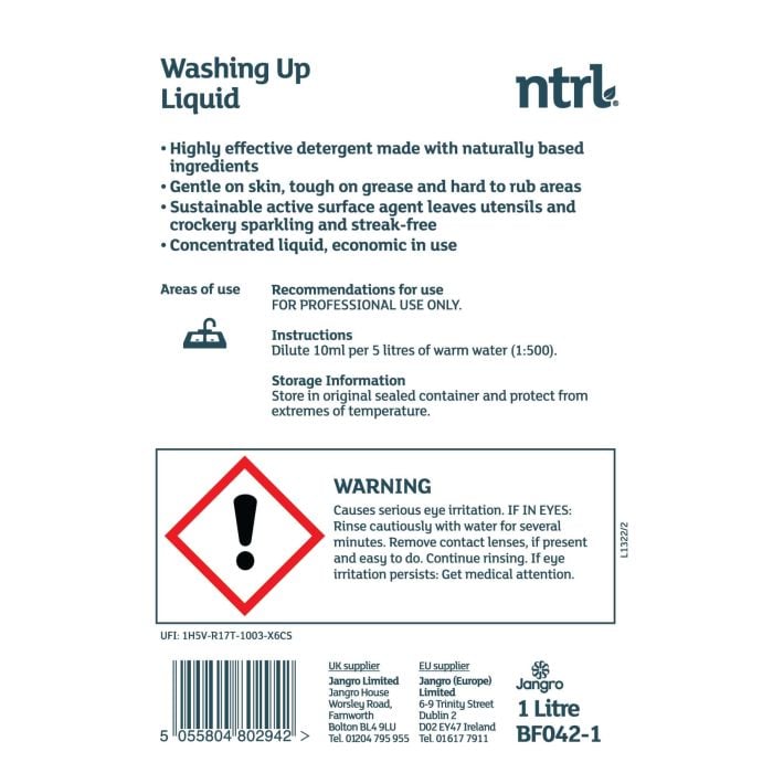 Jangro NTRL Washing up Liquid 1L - BF042-1