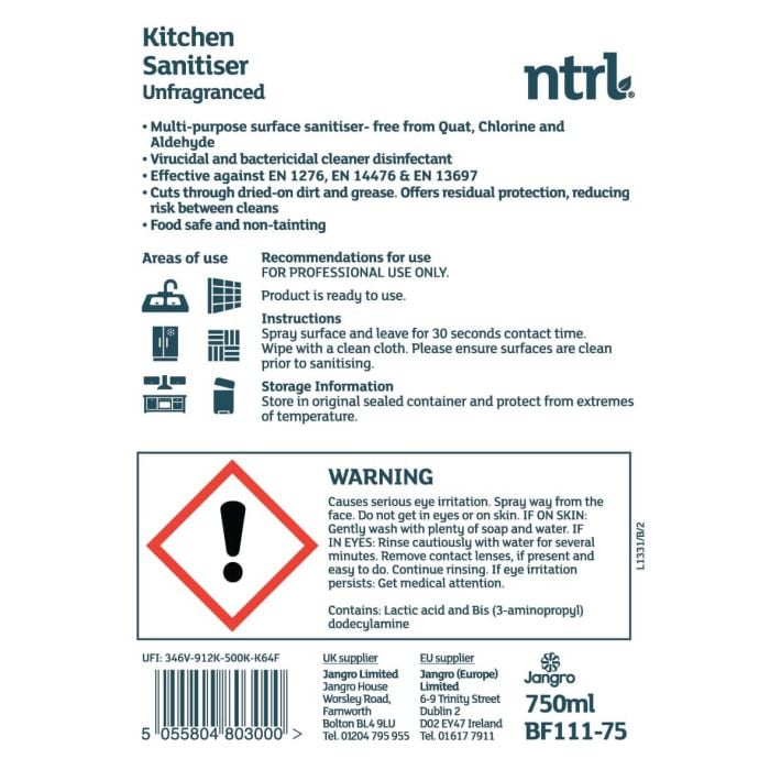 Jangro NTRL Kitchen Sanitiser Unfragranced 750ml - BF111-75